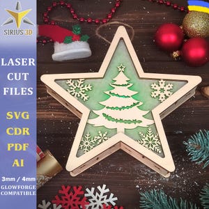 クリスマス スター LED ライト クリスマス ツリー SVG ファイル。クリスマス スター ナイト ライト。3 mm、4 mm。デジタル ファイル、Svg、Ai、Png、Glowforge