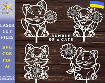 Garden Gnome Cat Stakes with Sunflower, Laser cut file | Svg Pdf Ai Cdr