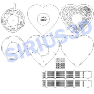 May include: A laser cut template for a heart-shaped box. The template includes a heart-shaped base, a heart-shaped lid with a decorative design, a round base, and a round lid. The template also includes the text "color paper".