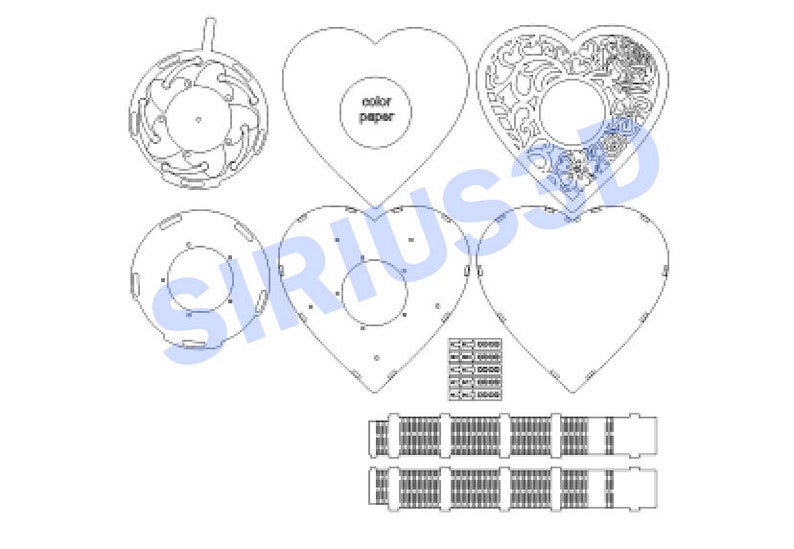 May include: A laser cut template for a heart-shaped box. The template includes a heart-shaped base, a heart-shaped lid with a decorative design, a round base, and a round lid. The template also includes the text "color paper".