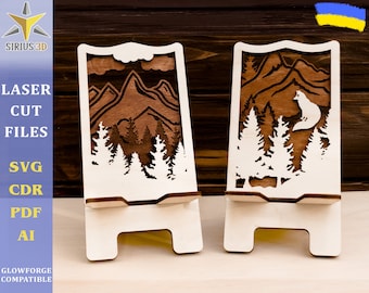 Suporte para telefone Arquivo cortado a laser Paisagem natureza floresta, Svg, Multilayer imagem vetorial