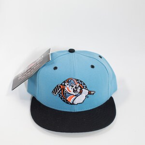 May include: A blue and black baseball cap with a white bear wearing a hockey helmet and holding a hockey stick. The bear is in a circle with a checkered pattern. The text "The Cap to Wear" is on the tag.