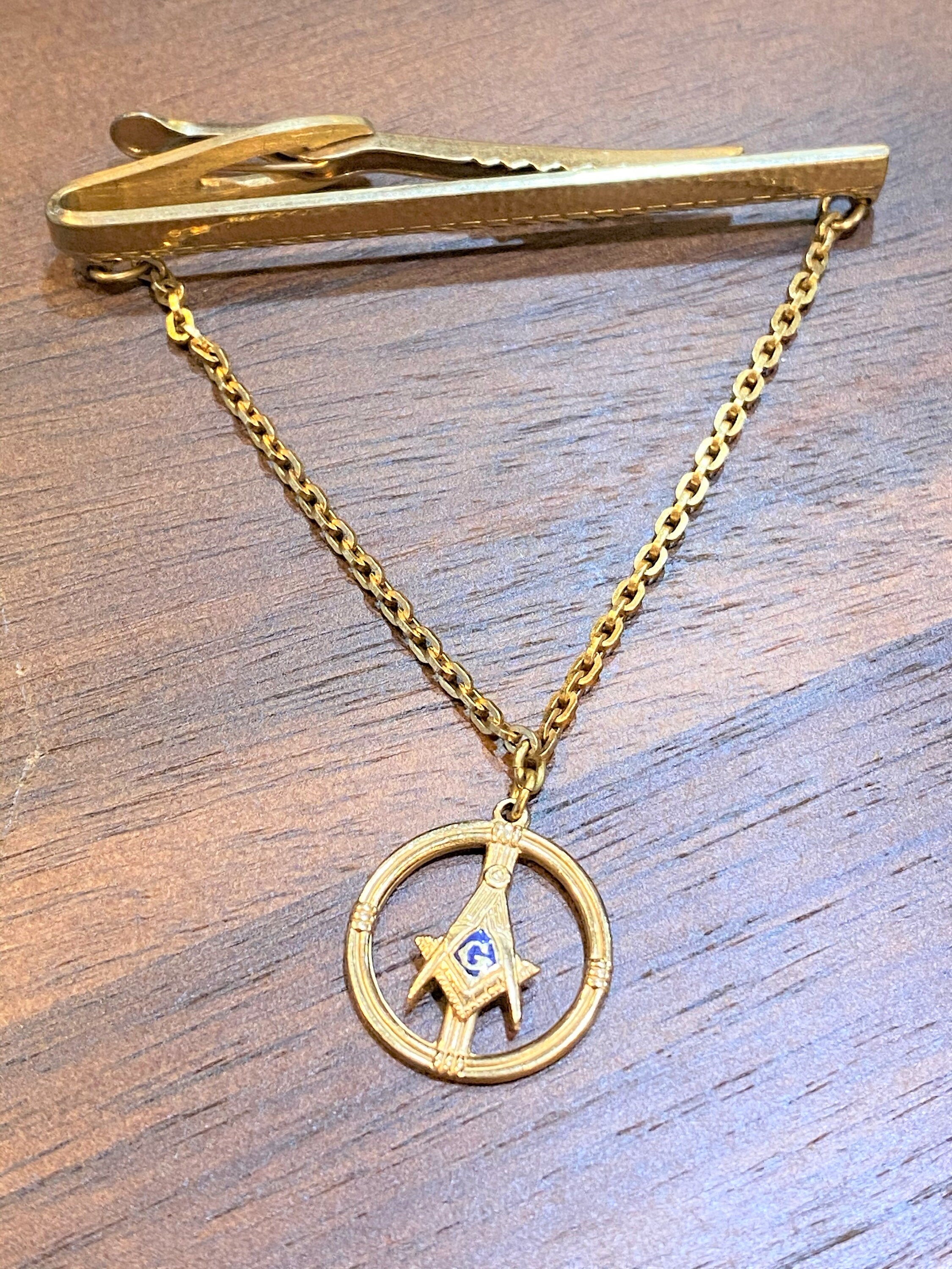 Hickok Tie Clip Chain, Masonic Tie Clip, Square Compass Tie Bar, Gold