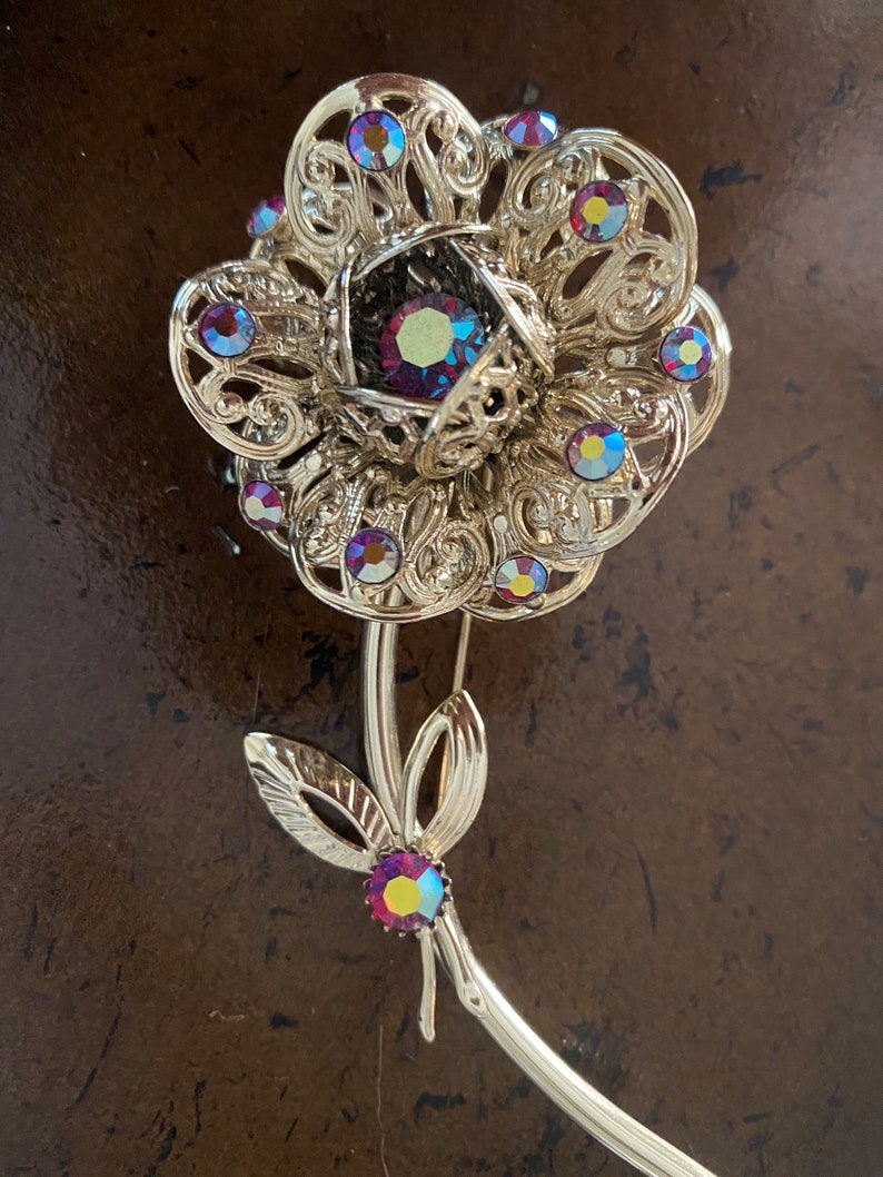 Large Flower Brooch Sarah Coventry Brooch Gold Tone AB Ruby Etsy