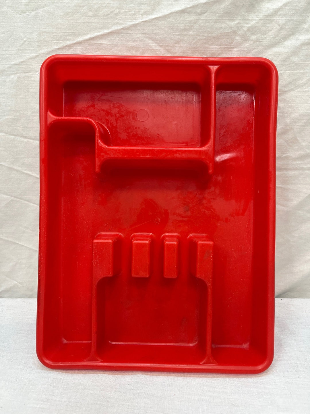 Vintage Lustroware Utensil Tray, Red Silverware Tray, Organizer, Kitchen, Divided Tray, Desk