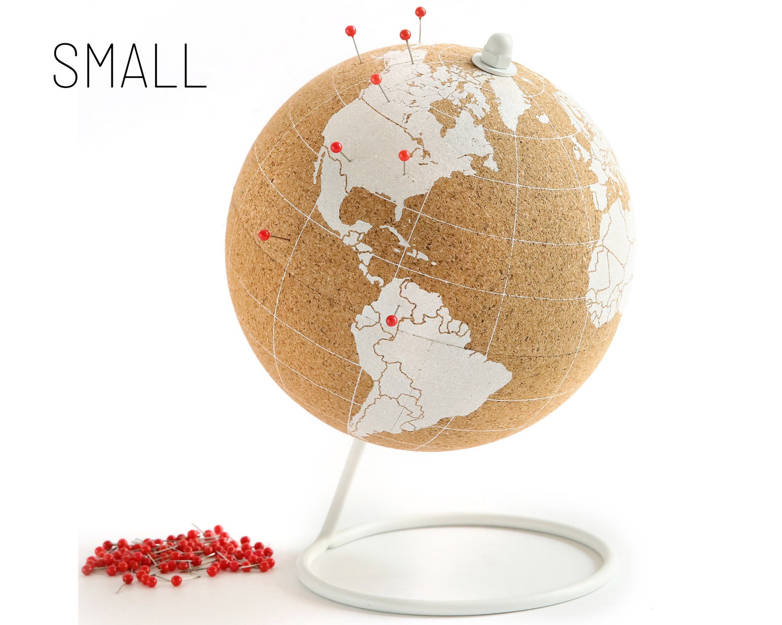 White Cork Globe With 50 Red Colored Push Pins and Steel Base Great for