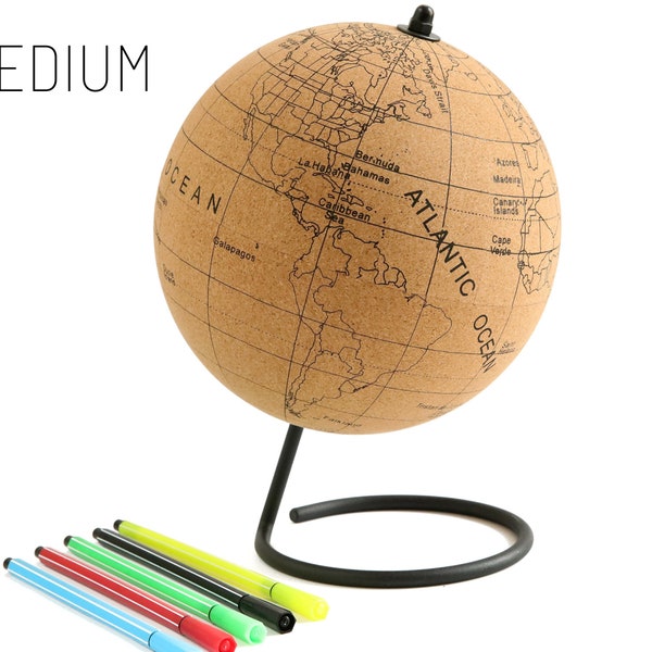 Color-in Cork Globe with 5 Different Colored Markers & Durable Steel Base |Great for Mapping Travels and Learning Countries