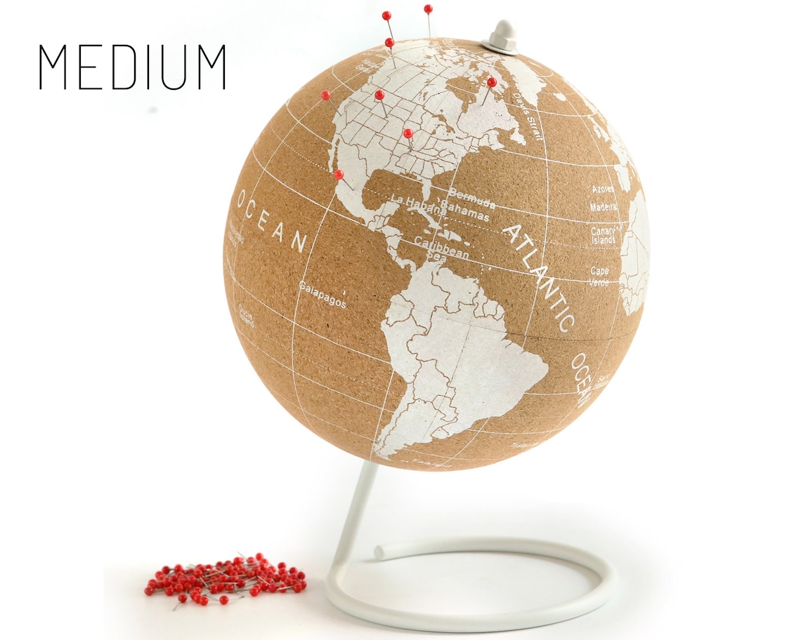 White Cork Globe With 50 Red Colored Push Pins and Steel Base Etsy