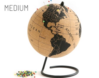 Black Cork Globe with 50 Different Colored Push Pins & Durable Stainless Steel Base | Great for Mapping Travels and Learning