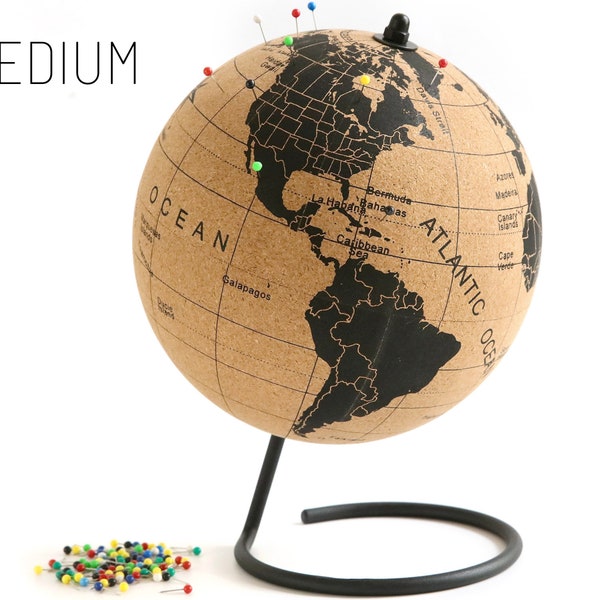 Black Cork Globe with 50 Different Colored Push Pins & Durable Stainless Steel Base | Great for Mapping Travels and Learning