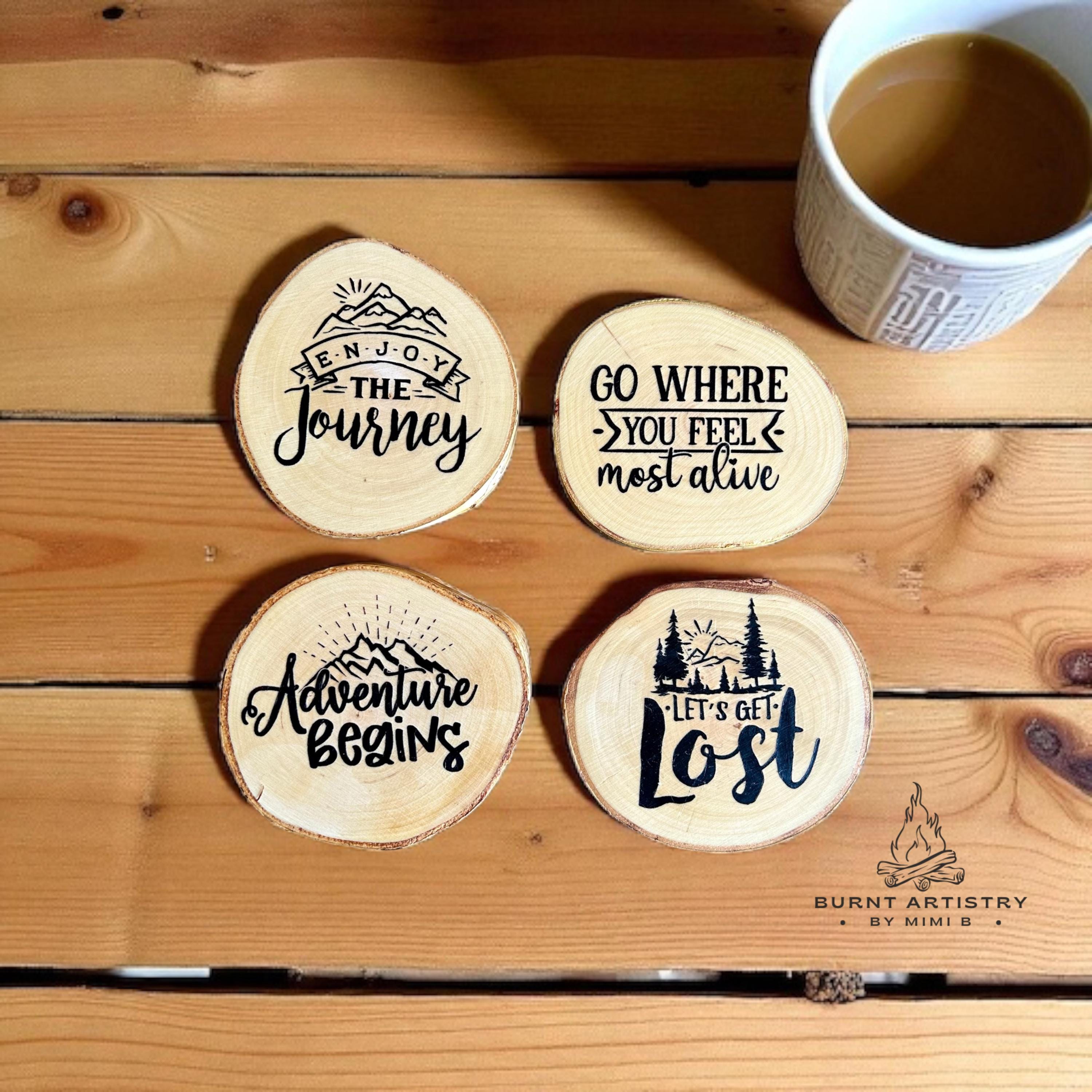 Rustic Wood Burned Coasters Set Birchwood Slices Cabin