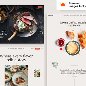 May include: A website homepage for a restaurant called Boucherie. The website features images of food, including a steak, pastries, and coffee. The text on the website says "A rare taste you can't find anywhere", "Where every flavour tells a story", and "Serving Coffee, Breakfast, and Lunch".