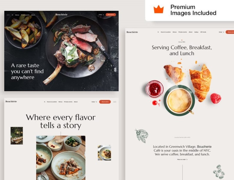 May include: A website homepage for a restaurant called Boucherie. The website features images of food, including a steak, pastries, and coffee. The text on the website says "A rare taste you can't find anywhere", "Where every flavour tells a story", and "Serving Coffee, Breakfast, and Lunch".