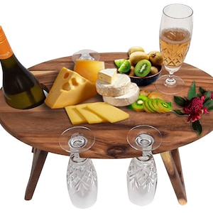Mesa de pícnic ovalada con soporte para bebidas, mesa de servicio de madera maciza 100%, mesa de pícnic portátil plegable de verano, regalo para amantes de la playa