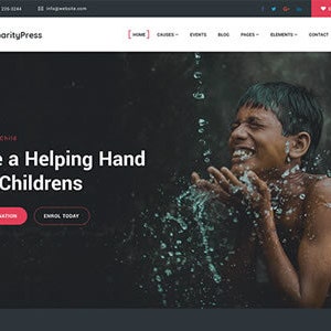 May include: A young boy smiles as he plays in a water fountain. The text on the website reads "Give a Helping Hand For Childrens" with buttons for "Make Donation" and "Enroll Today".