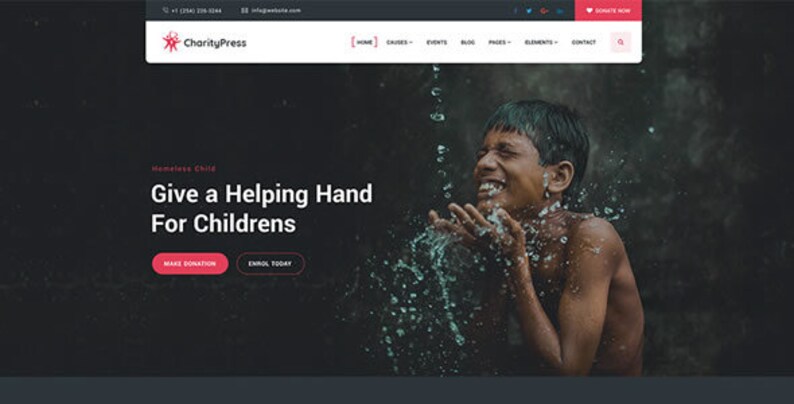 May include: A young boy smiles as he plays in a water fountain. The text on the website reads "Give a Helping Hand For Childrens" with buttons for "Make Donation" and "Enroll Today".