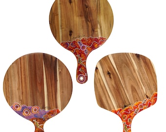 Set of 3 Pizza Peels with Australian Aboriginal Art 16 17 Inches- Square and Round Shape - Unique 100% Solid Wood