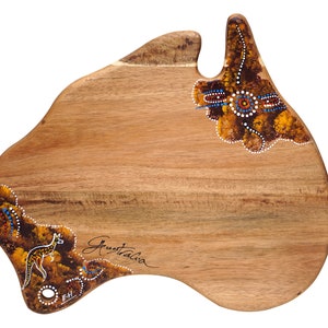 Tabla única de queso para servir corte de madera- Forma de mapa australiano - Arte aborigen- Recuerdo de regalo de Navidad de inauguración de la casa