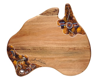 Unique Wood Cutting Serving Cheese Board- Australian Map Shape - Aboriginal Art- Housewarming Christmas Gift Souvenir