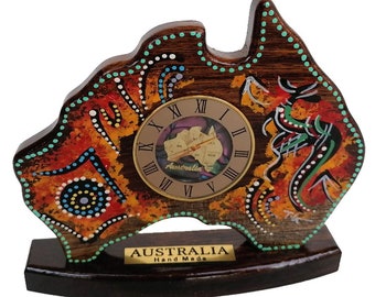 Australian Map Clock with Aboriginal Art - Souvenir, Housewarming, Unique Birthday Gift- Hard Wood
