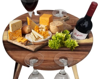 100% Solid Wood Wine table, Folding bed serving tray, Round Portable Table, Outdoor Picnic Tray, Sommelier Wine Bottle Board 43cm