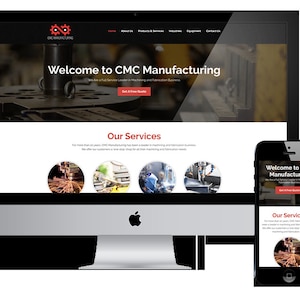 May include: Website homepage for CMC Manufacturing, a full-service leader in machining and fabrication. The website features a red and black logo with a gear design, a headline that reads "Welcome to CMC Manufacturing", and a call to action to "Get a Free Quote". The website also features a section on "Our Services" with images of various machining and fabrication processes.