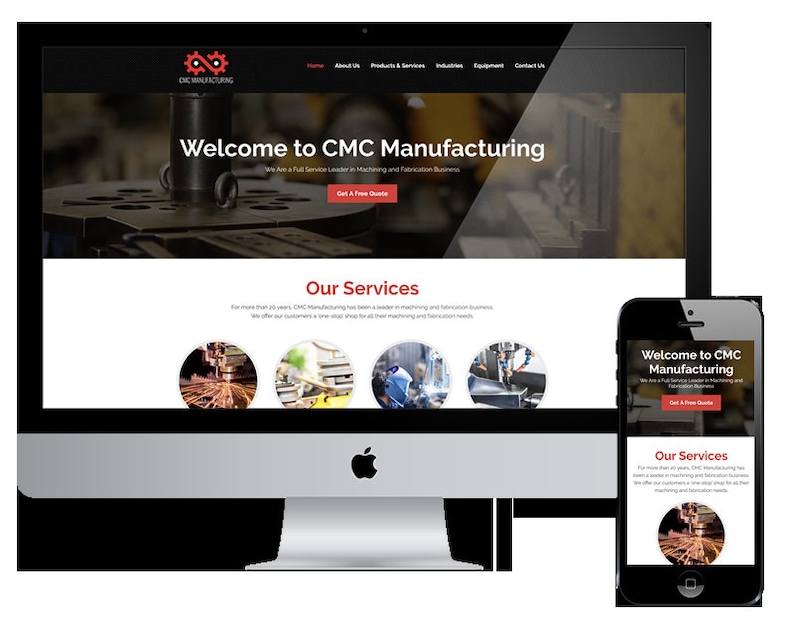 May include: Website homepage for CMC Manufacturing, a full-service leader in machining and fabrication. The website features a red and black logo with a gear design, a headline that reads "Welcome to CMC Manufacturing", and a call to action to "Get a Free Quote". The website also features a section on "Our Services" with images of various machining and fabrication processes.
