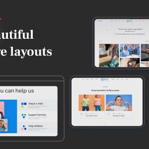 May include: Website screenshots displaying new page layouts for a non-profit organisation. The website features images of people in need, calls to action to help, and a clean, modern design.