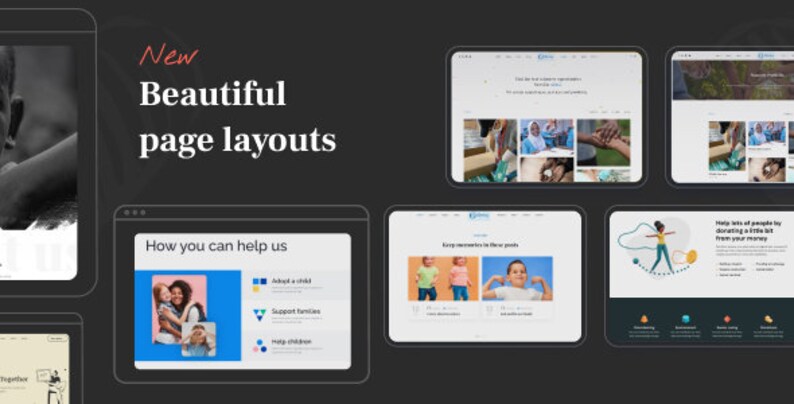 May include: Website screenshots displaying new page layouts for a non-profit organisation. The website features images of people in need, calls to action to help, and a clean, modern design.