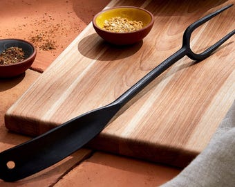 Hand forged black stainless steel serving fork * pot rack * wrought iron *