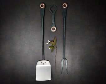 Spatula, fork and bottle opener grilling set hand forged black stainless steel and copper * barbecue * bbq * grill