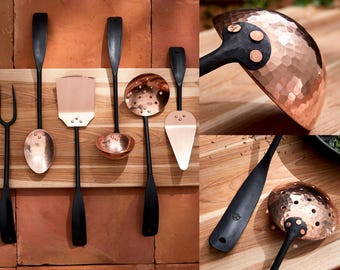 Hand forged black stainless steel and copper six-piece master set   * spatula * ladle * pie server * cast iron skillet