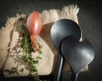 Hand forged black stainless steel salad utensils