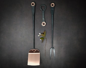 Spatula, fork and bottle opener grilling set hand forged black stainless steel and copper * barbecue * bbq * grill