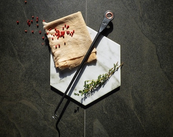 Pigtail steak flipper hand forged black stainless steel and copper