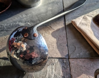 Hand-forged stainless steel ladle – copper rivets | Strobus Forge