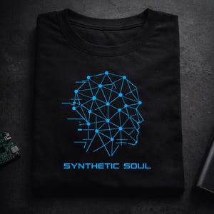 May include: Black t-shirt featuring a blue geometric design of a human head. The design is made of interconnected lines and dots, with the words "SYNTHETIC SOUL" printed below in blue. The shirt is folded.