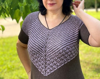 Master Class PDF  for knitting a women's dress "Wave" with a V neck and jacquard (mosaic) pattern, raglan sleeve, for knitting needles