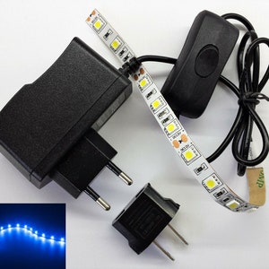 Blue LED strip + Power supply + Switch, Kitchen cabinet lighting, Lighting shelves, LED bedroom lighting, lighting showcase, Size 4 - 36inch