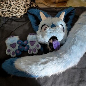 May include: A light blue and white furry fursuit head, tail, and paws. The head has large, expressive eyes, blue accents, and a purple tongue. The tail is long and fluffy, with a dark blue tip. The paws are light blue with purple paw pads.