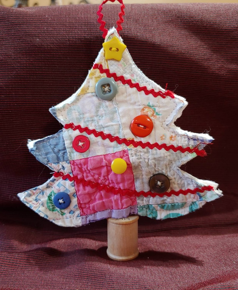 Antique Cutter Quilt Handmade Christmas Tree Ornament With Buttons and Wooden Spool Handstitched