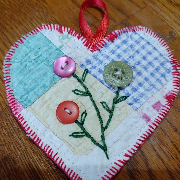 Antique Cutter Quilt Handmade Heart Ornament with Embroidered Flowers and buttons