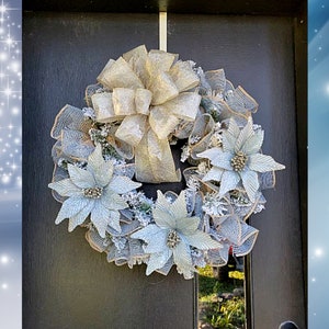 Light blue poinsettia wreath, Poinsettia Christmas wreath, Blue Christmas decor,
