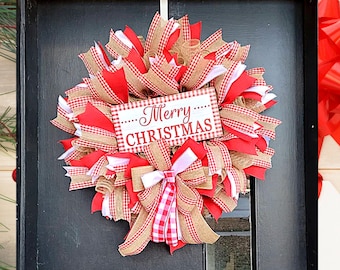 Country Christmas wreath, Red and white Christmas decor, Christmas wreath for front door, plaid Christmas