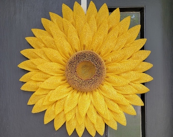 Poly burlap sunflower wreath for front door, Fall Sunflower door decor, Yellow sunflower wall decor