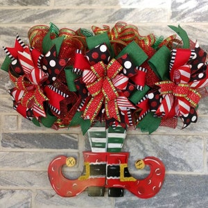 Elf leg rail for your front door. Christmas door hanger. Elf decoration, holiday wreath.