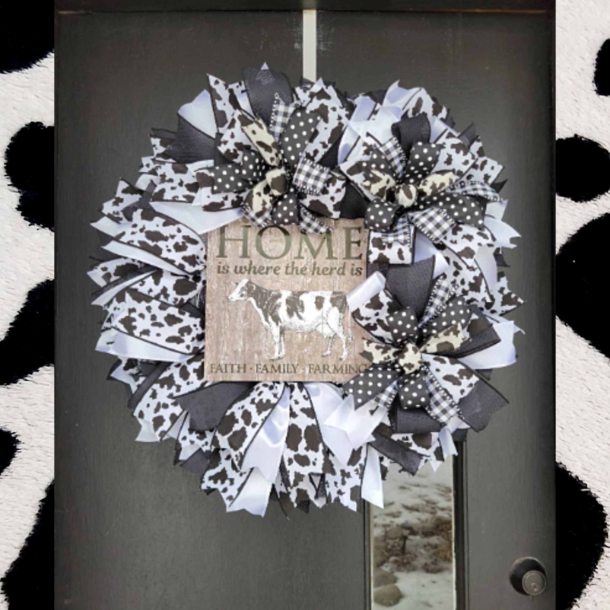 Black & White Cow Print Ribbon Wreath, Cow Wreath, Spring Wreath, Front  Door Wreaths, Ribbon Wreath — Smith Embellishments