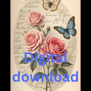 Impression numérique vintage papillon rose, art mural floral, décoration shabby chic, affiche imprimable, art botanique, téléchargement immédiat, cartes
