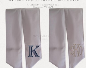 Signature Sash – Custom Initials Monogram Wreath Sash – Personalized Embroidered Door Decoration – Classic Front Door Keepsake Gift