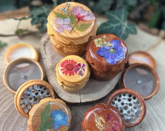 Medium Herb Grinder with Pressed Flowers • Light Wood • 3 Chamber Grinder